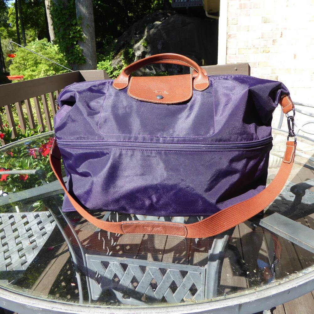 Longchamp Le Pliage Expandable Travel Duffle Bag Nylon Purple Weekender Carry-On